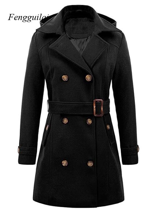 Women's Black Hooded Double Br - Wool Coat Peacoat incelemesi ve fiyatı